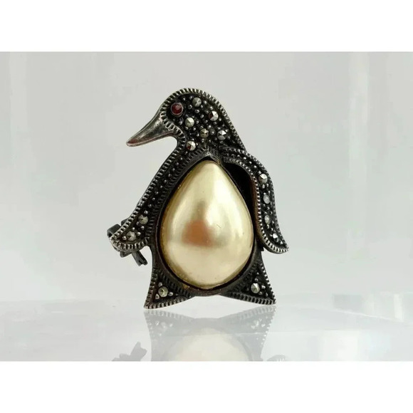 Sterling S Marcasite Teardrop Faux Pearl Cabochon Vintage Pendant Brooch Pin - Picture 2 of 10